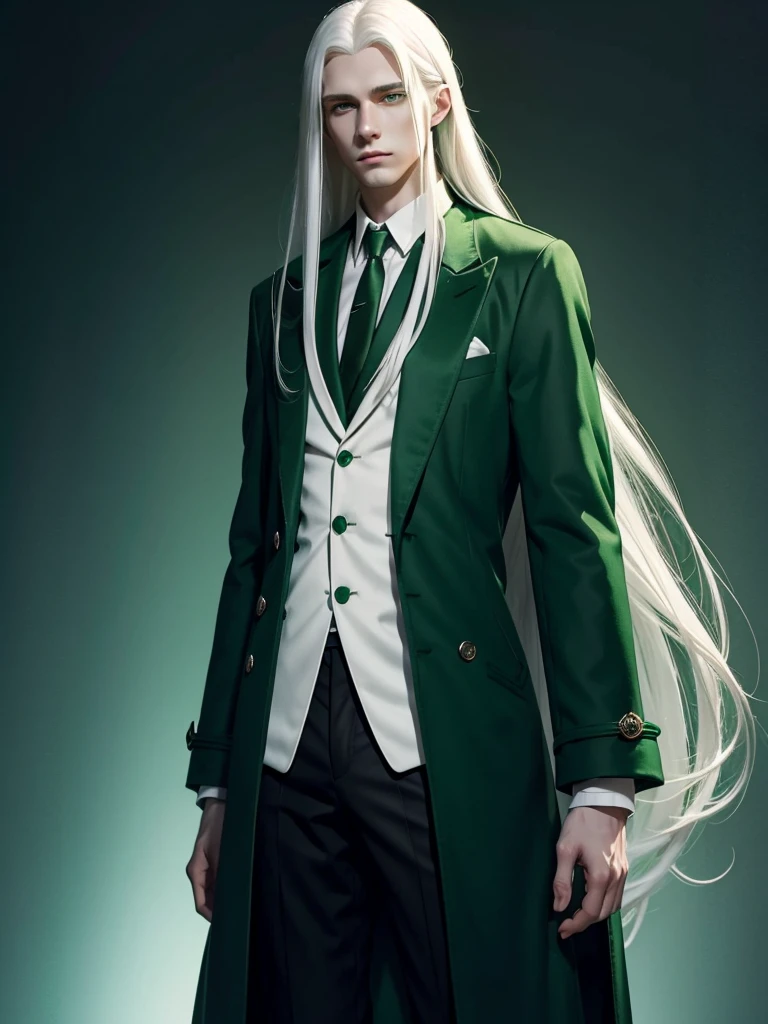 A young man with long white hair, green eyes and pale skin in green coat, thin body, slender proportions, realistic, sad