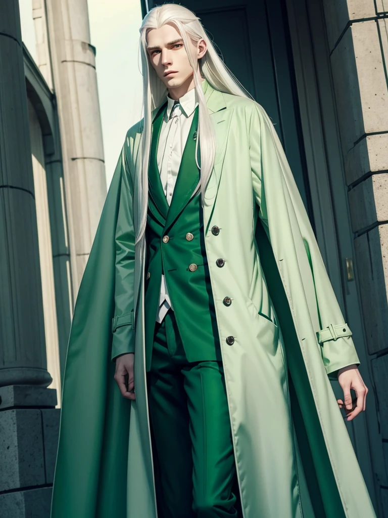 A young man with long white hair, green eyes and pale skin in green coat, thin body, slender proportions, realistic, sad