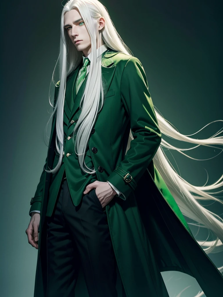 A young man with long white hair, green eyes and pale skin in green coat, thin body, slender proportions, realistic, sad