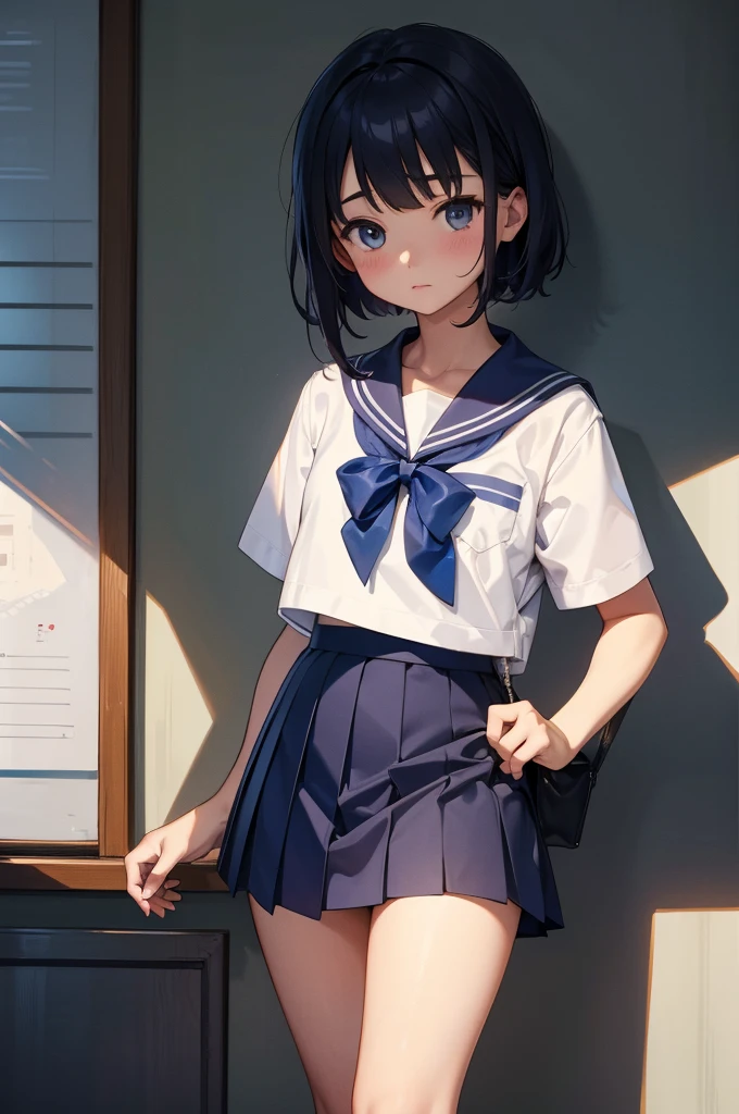 NSFW、boyish、(Sailor suit summer uniform、Short sleeve、Navy blue micro mini skirt、Navy Pleated Skirt、White mesh panties、Yellow tie、White Short Socks)、独奏、Women's High生、Arms folded behind back、Spreading her legs:1.5、(Black Hair、Very Short Hair、boyishカット)、sitting、Women's High、classroom