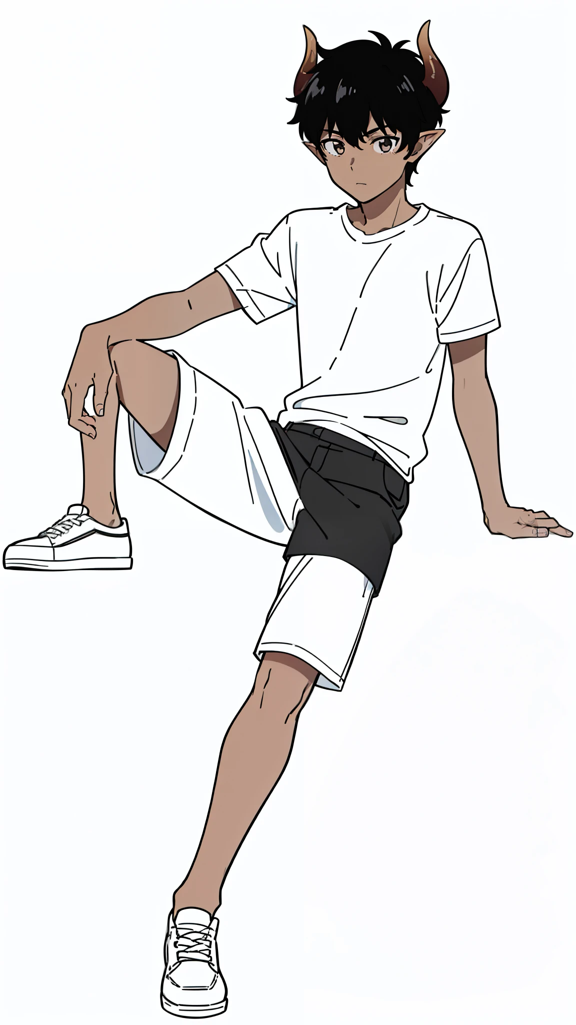 (1boy,15 years old,solo),((dark skin)),((white shirt,short sleeves,black shorts)),Short hair,black hair,elf ears,(horns),(white background,line drawing),pants,sitting,full body