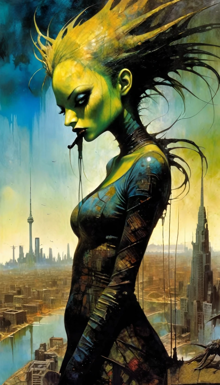 contaminated sexy monster girl, punk aspect, large landscape, dead world theme, polluted world, destroyed city, no vegetation, polluted water, dark world, spectacular otherworldly sky, mutant monsters on stage (art inspired by Bill Sienkiewicz). oil painting)(best quality,4k,8k,highres,masterpiece:1.2),ultra-detailed,(realistic,photorealistic,photo-realistic:1.37),intricate details,vivid colors,sharp focus,professional,Dave McKean artwork, oil touch of surrealism,oil painting style
