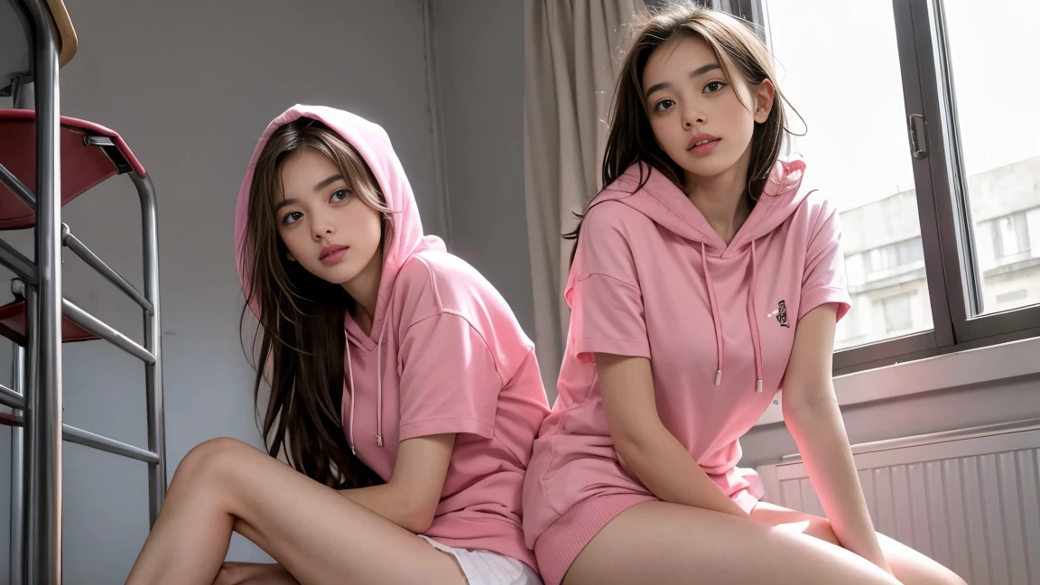 deux femmes ensemble de 18 ans sexy et mince , pink short sleeve hoodie , salle de classe, se touche,position sey,sensuel