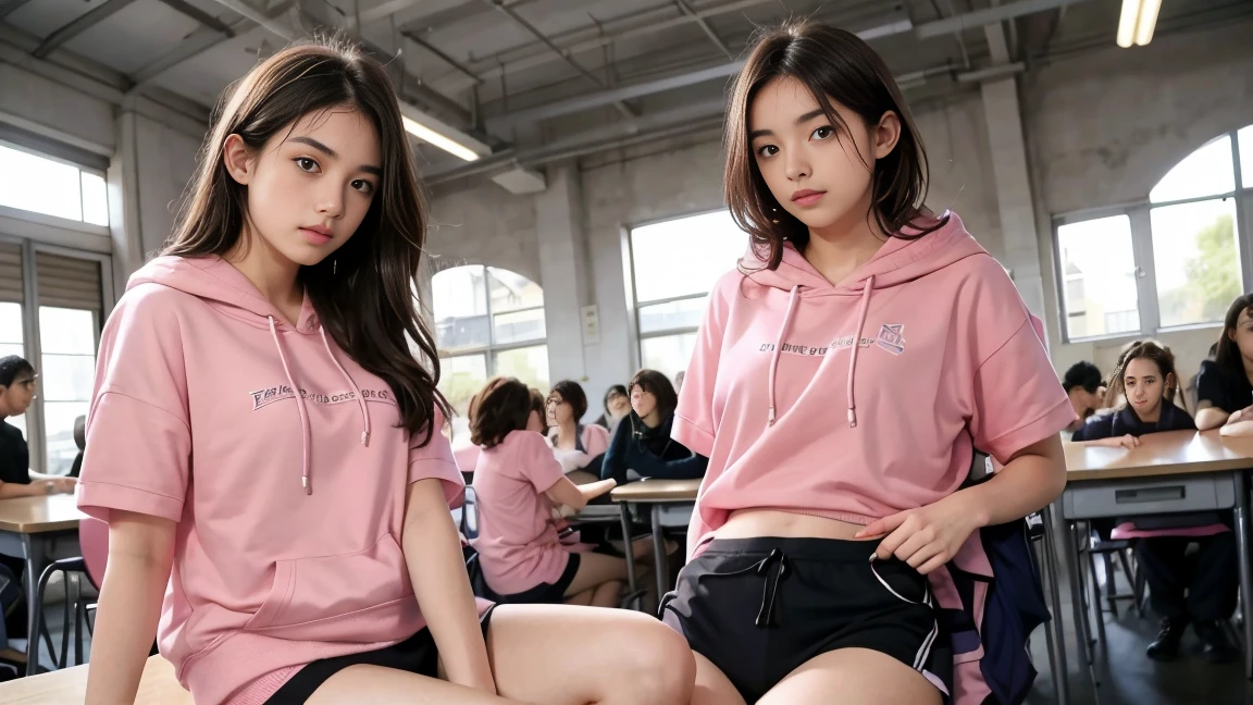 deux femmes ensemble de 18 ans sexy et mince , pink short sleeve hoodie , salle de classe, se touche,position sey,sensuel