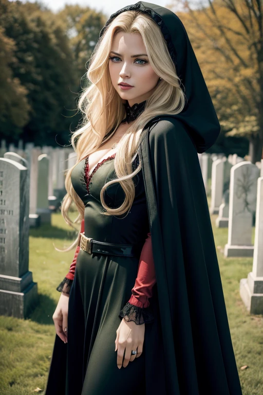 Realistic image of a realistic woman with long blonde wavy hair, with green eyes, She is apparently angry She wears a black cape with a hood, and a red dress She is in the cemetery Realistic image