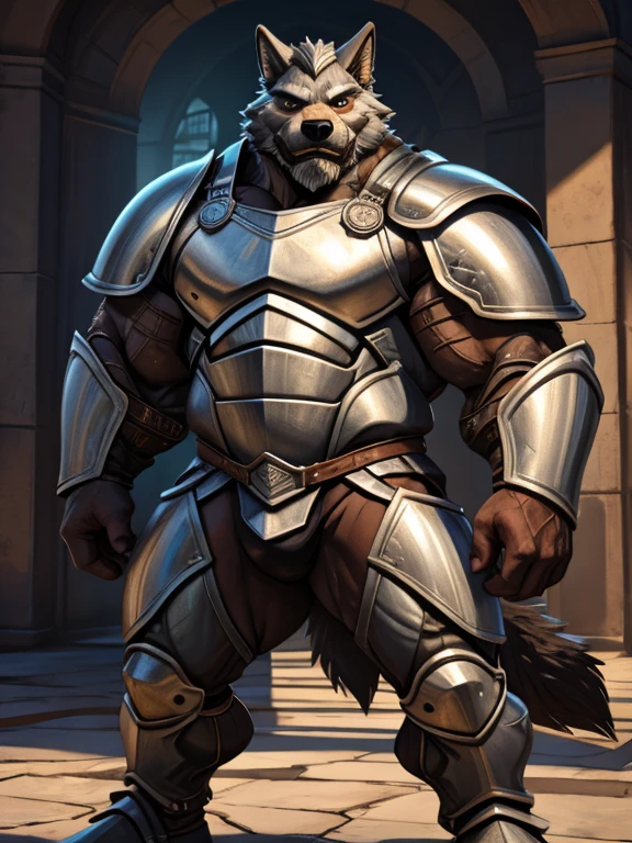 burly virile hairy man, with two wolf ears and a bushy tail, in a suit of armor, middle-aged, hirsute, overmuscular and musclebound, bulging veiny muscles, a warrior's build, a bodybuilder's physique, long bushy and a thick mustache, a square jaw, handsome and dreamy, grey hair, a knight clad in full armor