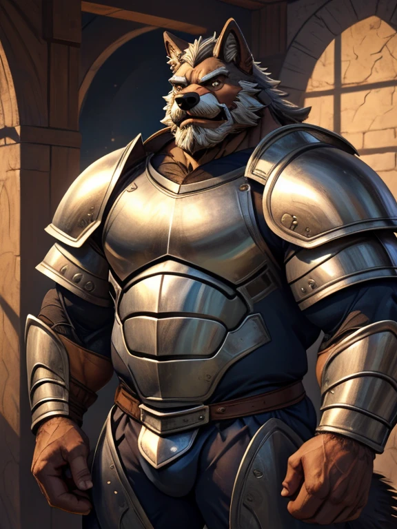 burly virile hairy man, with two wolf ears and a bushy tail, in a suit of armor, middle-aged, hirsute, overmuscular and musclebound, bulging veiny muscles, a warrior's build, a bodybuilder's physique, long bushy and a thick mustache, a square jaw, handsome and dreamy, grey hair, a knight clad in full armor