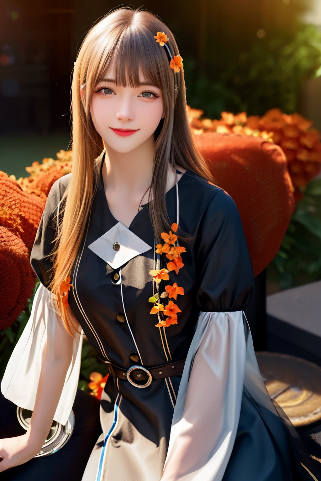 (masterpiece:1,2), best quality, highres, original, extremely detailed wallpaper, looking at viewer, (sitting:1.4), A robotic girl stands in the center, (orange flowers:1.4), 1humanoid cyborg girl, happy, smile, (mechanical hand:1.05), [[cyborg]], metallic mixture, drawing, paintbrush, (glowing_eyes:0.95), (separate sleeves), silver long_hair, hair_between_eyes, sigma 135mm lens, (cowboy shot:1.2), upper body, perfect lighting, (extremely detailed CG:1.2), 8k, (commemorative photo:1.4)