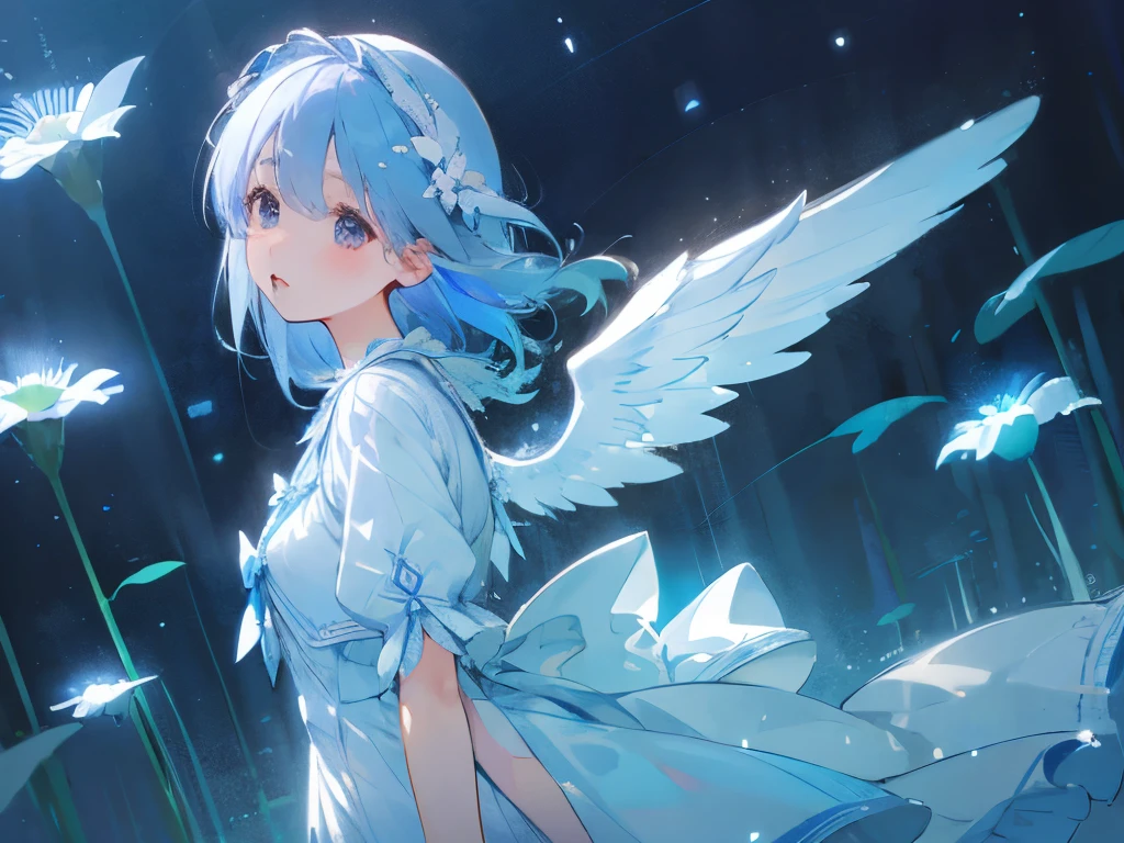 Starry night sea、Profile of a blue girl in a white dress with white flower decoration and blue inner collar、Misha、Hair above one eye、Nervous、From directly below、Low - Angle、Angel Wings Bust Up
