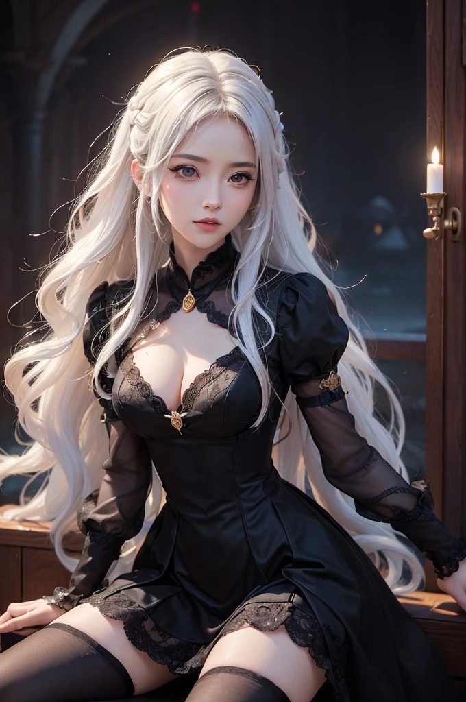 ((masterpiece:1.5,Highest quality,Highly detailed images,Beautiful images、Realistic、Photorealistic、2.5D))(1girl, 独奏)(Adult women、medium breasts, white hair, black eyes, Healthy legs、Tight ass、Beautiful cleavage)(Fantasy dresses、Fantasy Clothes、Black battle dress、Deep slit)(wind, floating hair)(Inside the castle、The King's Chamber）
