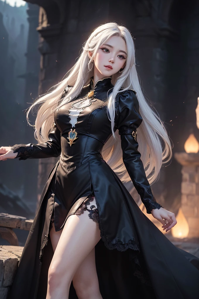 ((masterpiece:1.5,Highest quality,Highly detailed images,Beautiful images、Realistic、Photorealistic、2.5D))(1girl, 独奏)(Adult women、medium breasts, white hair, black eyes, Healthy legs、Tight ass、Beautiful cleavage)(Fantasy dresses、Fantasy Clothes、Black battle dress、Deep slit)(wind, floating hair)(Inside the castle、The King's Chamber)
