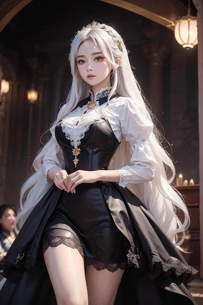 ((masterpiece:1.5,Highest quality,Highly detailed images,Beautiful images、Realistic、Photorealistic、2.5D))(1girl, 独奏)(Adult women、medium breasts, white hair, black eyes, Healthy legs、Tight ass、Beautiful cleavage)(Fantasy dresses、Fantasy Clothes、Black battle dress、Deep slit)(wind, floating hair)(Inside the castle、The King's Chamber)