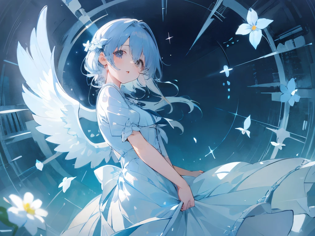 Starry night sea、Profile of a blue girl in a white dress with white flower decoration and blue inner collar、Misha、Hair above one eye、Nervous、From directly below、Low - Angle、Angel Wings Bust Up