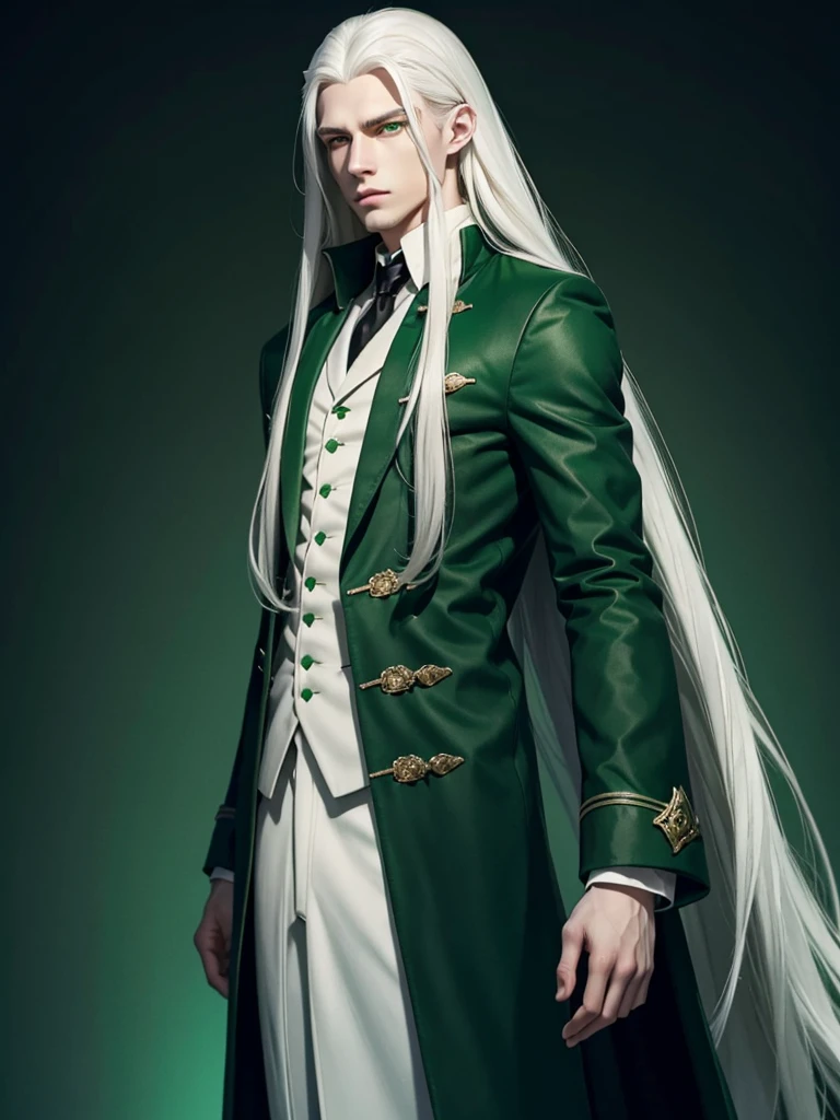A young man with long white hair, green eyes and pale skin in green coat, thin body, slender proportions, realistic, sad