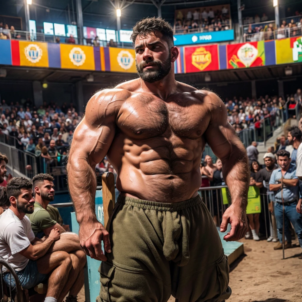 an extremely hairy ,  blond, short-haired military haircut, young, worried,  sweaty, muscular  gladiator , hairy legs, hairy chest, strong hairy shoulders, strong hairy arms, standing on a platform in a crowded roman arena, wide angle , photorealistic, 8K

