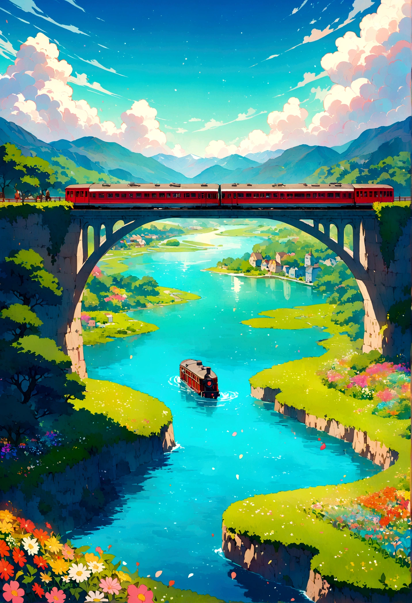 Aerial shot of a train on a bridge crossing a river, surrounded by lush greenery and a field of vibrant flowers. The landscape is serene and inspired by Makoto Shinkai and Studio Ghibli, with whimsical and colorful details.