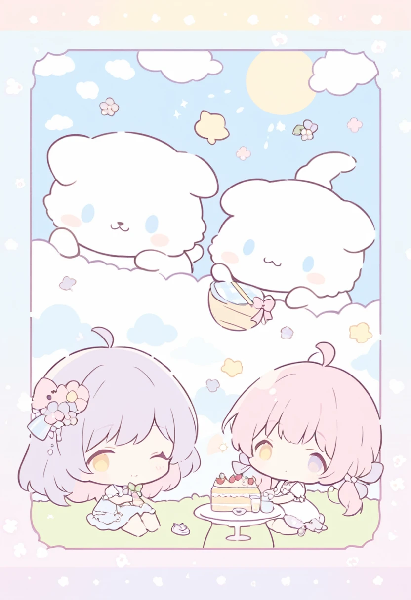 Craft a charming cartoon illustration of kittens and puppies picnicking on a cloud, reminiscent of the uploaded image's style. The artwork should be characterized by minimalistic and rounded line art, pastel colors, and a playful, innocent mood. The animals should have exaggerated, endearing features, and the picnic items should be stylized yet recognizable. The cloud should appear as a fluffy base, adding to the fantasy-like and joyful scene set against a serene sky, sanrio style