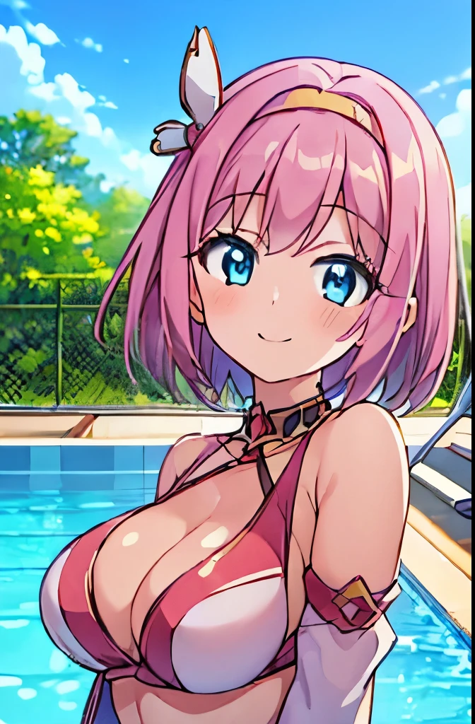 ((masterpiece)), ((best quality)), (ultra-detailed), anime style, pool, a cute girl, 1girl, solo, ((beautiful eyes)), smile, bikini00,