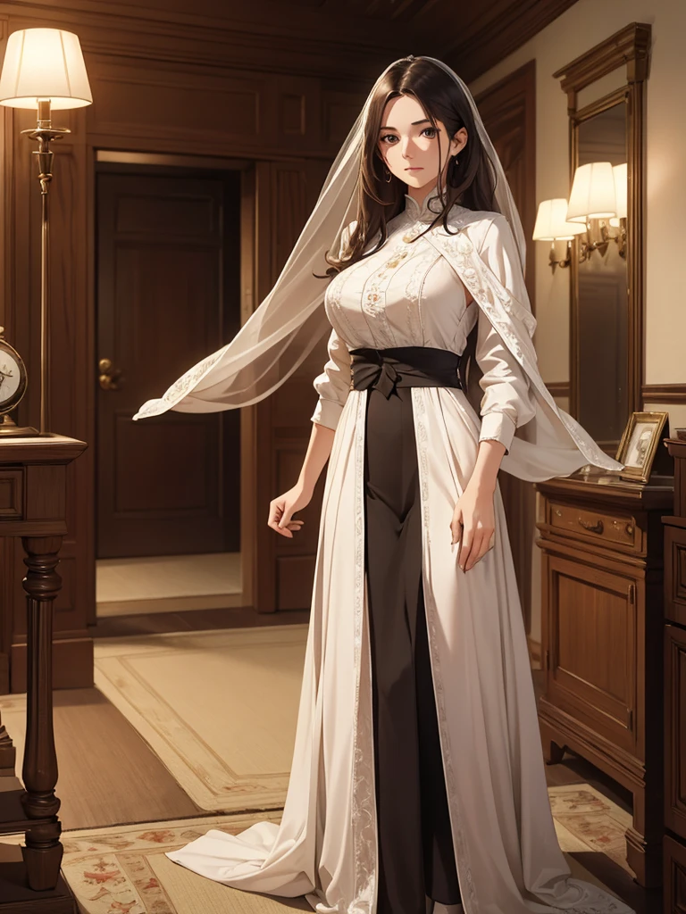 (masterpiece、top-quality、hight resolution), Create an image from the protagonist's point of view in the private room. A wealthy married woman is visiting and talking with the protagonist. The room has only a few lights and a bed. From her demeanor and behavior, it is clear that she has had several illicit affairs with the protagonist. She wears modest but well-made, expensive clothes.