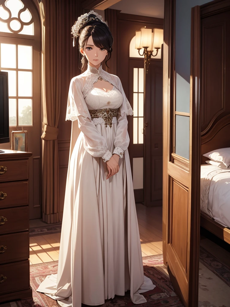 (masterpiece、top-quality、hight resolution), Create an image from the protagonist's point of view in the private room. A wealthy married woman is visiting and talking with the protagonist. The room has only a few lights and a bed. From her demeanor and behavior, it is clear that she has had several illicit affairs with the protagonist. She wears modest but well-made, expensive clothes.