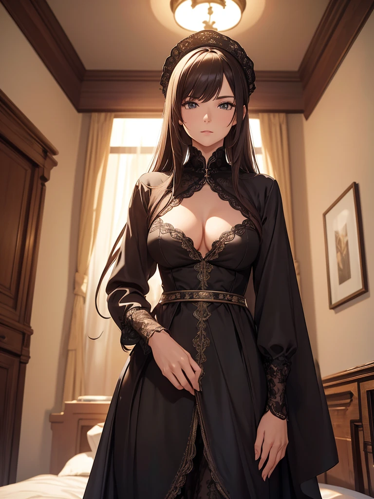 (masterpiece、top-quality、hight resolution), Create an image from the protagonist's point of view in the private room. A wealthy married woman is visiting and talking with the protagonist. The room has only a few lights and a bed. From her demeanor and behavior, it is clear that she has had several illicit affairs with the protagonist. She wears modest but well-made, expensive clothes.
