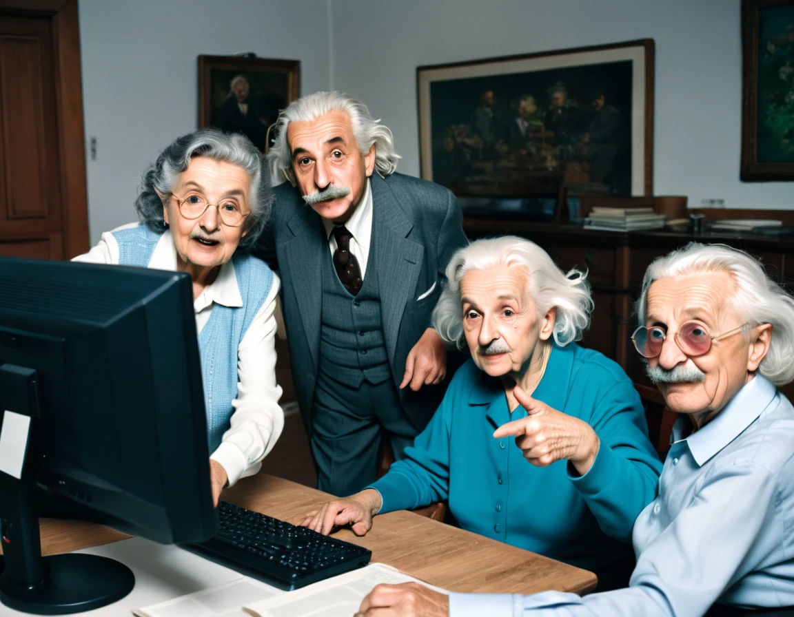 3 elderly people, one of them Albert Einstein, pointing at a computer in lanhouse