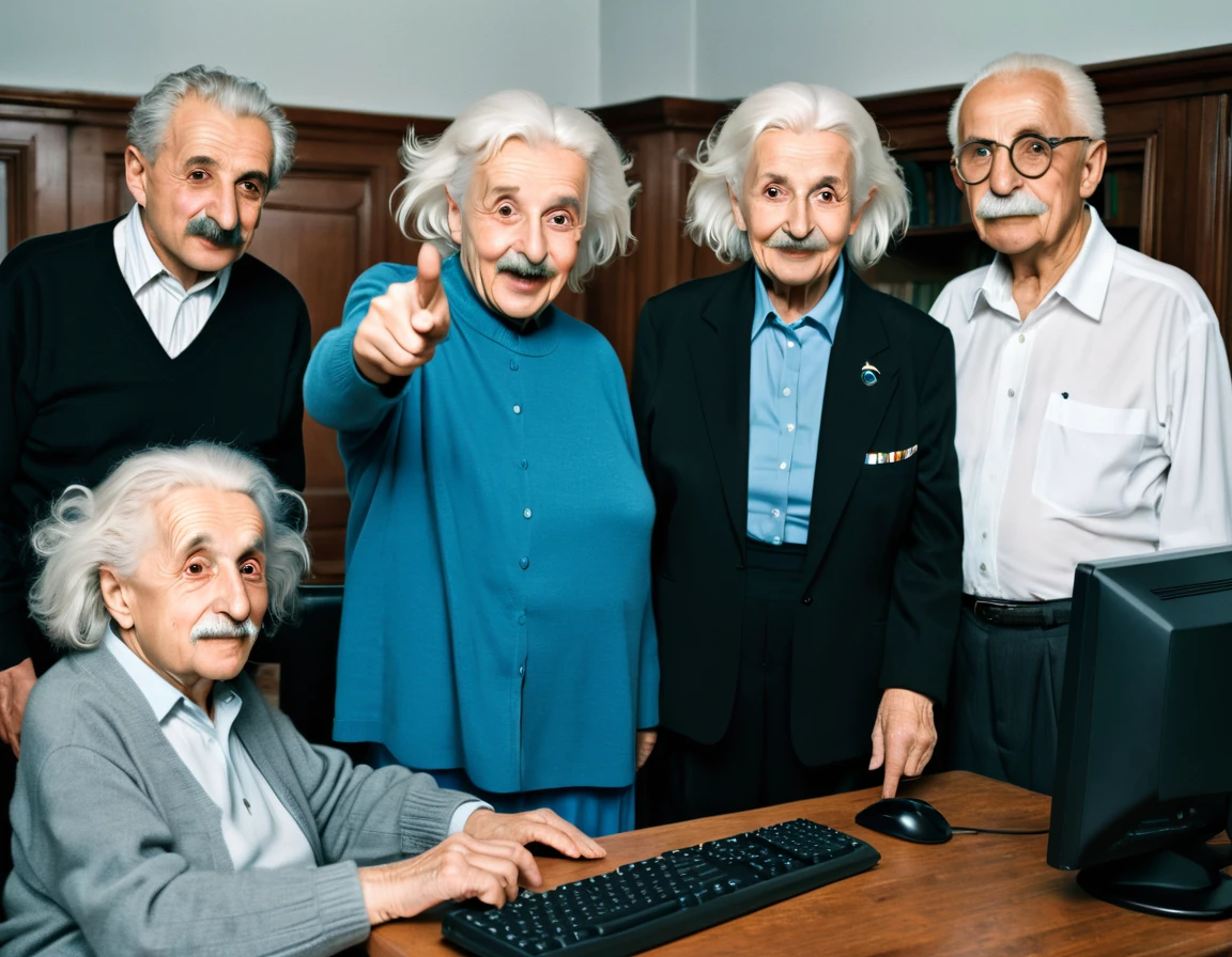 3 elderly people, one of them Albert Einstein, pointing at a computer in lanhouse