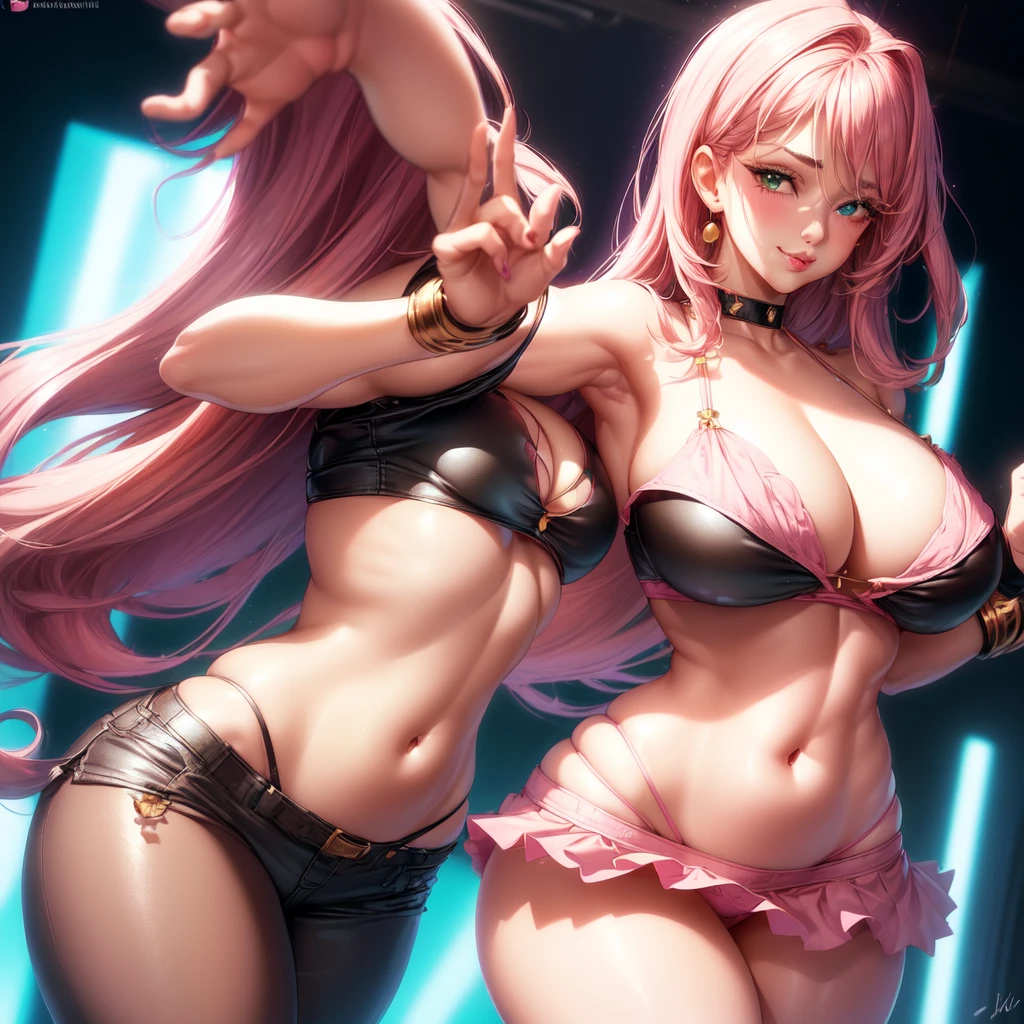 ((1 girls), solo, clevage, Big round breasts, trendy, stylish, clevage, thighs, hips, realistic, pink hair, blonde hair, light green eyes, lip gloss, detailed face, amazing big eyes, eye details, big lips, eyebrow details, pink mini skirt, crop top blush, confident, dominant, bdsm, smirk, naughty, mischevious face, HD, good quality, curvy, standing up, thick thighs, attractive, amazing body, perfect body, slim thick, indoors, bikini, armpits, clevage, revealing