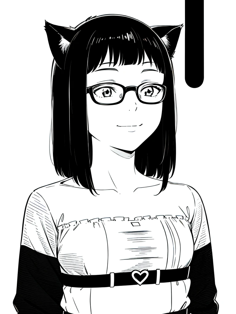 (1girl,14 years old,teen),Sliced bob hair,solo,black glasses,black hair,cat ears,(white background,line drawing),portrait,smile