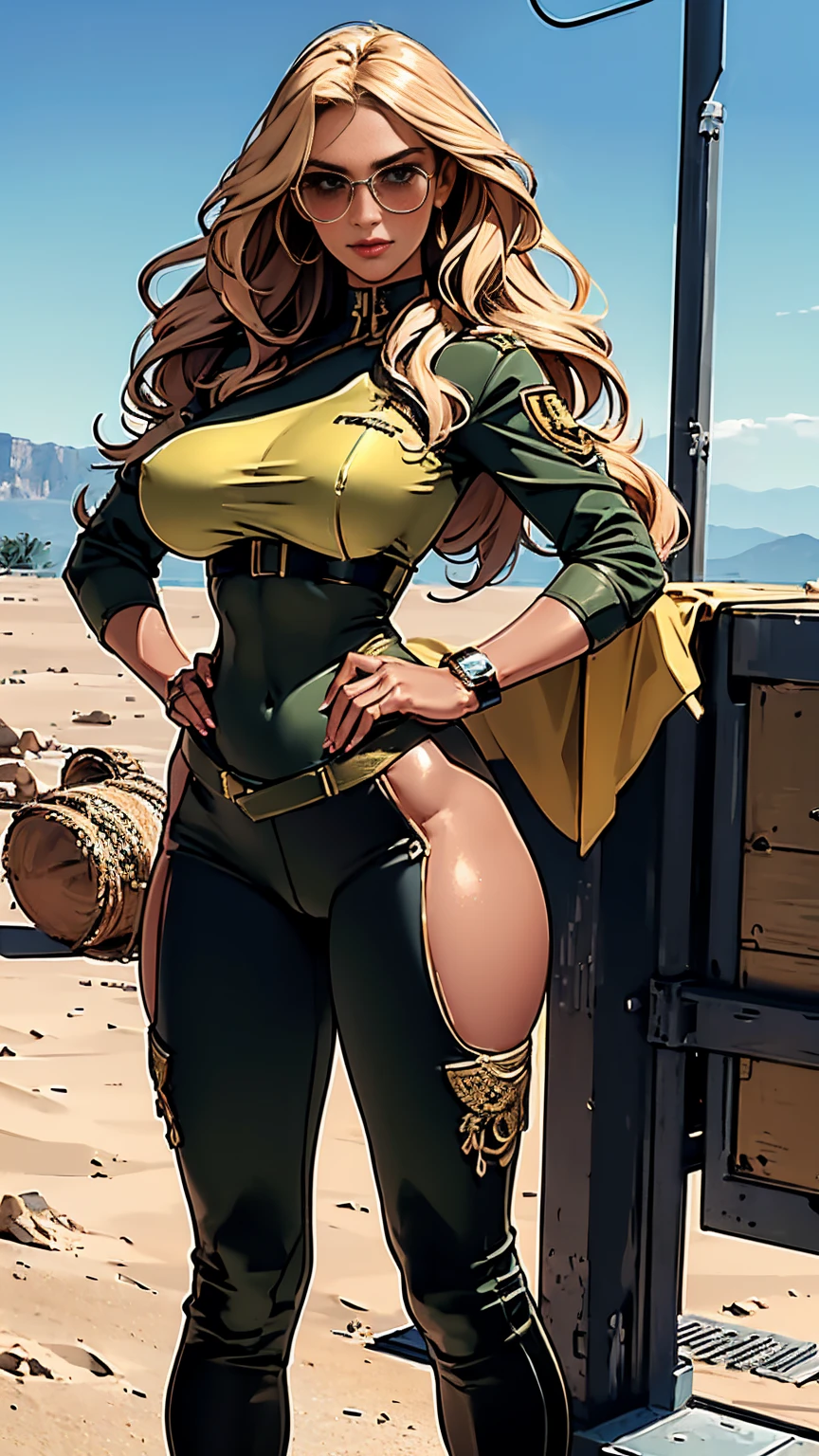 (ultra-detailed, photorealistic, best quality, 4k, 8k, highres, masterpiece:1.3), a stunning Israeli supermodel named Adina Cohen, At the age of 21, she possesses a voluptuous figure that is both athletic and curvaceous, a testament to her rigorous fitness regime, Her hair is a cascade of dark, glossy curls, characteristic of her Middle Eastern heritage, Her eyes are a striking blend of brown and gold, mirroring the desert landscapes of her homeland, Her facial features are sharp yet feminine with high cheekbones, a strong jawline, and full lips, She is dressed Israel IDF Army Heavy Duty Combat Uniform Shirt, Israel Defense Force Army Heavy Duty Combat Uniform Pants, which highlights her supermodel physique and reflects her patriotic spirit, Her posture is poised and confident, perfectly capturing her runway-ready demeanor, Her expression is a mix of fierce determination, a nod to her ambitious spirit, and a warm, inviting smile, reflecting her friendly personality, The scene captures her in a bustling, cosmopolitan setting, a symbol of her thriving modeling career, (intricate detail, super finely detailed hands, ultra finely detailed fingers, full body showcase, show full body),
