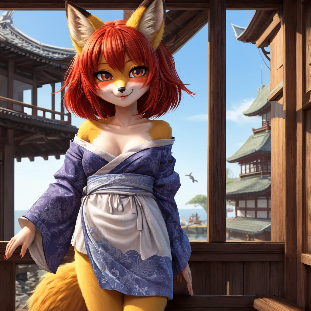 masterpiece, Best quality, A high resolution, extremely detailed, (computer illustration), (((((fluffy))))), ((1 girl in the form of an anthro-female fox girl with fox ears, red body, red fur, yellow fur, fur on the body, red hair and a fox tail)) and detailed face and sparkling detailed eyes, on open air, medieval harbor, Japan, Castle, Coast, morning, (picturesque, depth of field), small parts, authentic, NFV, cowboy shot, medium shot, (One, female focus, One focus), face focus, (she wears a short off-shoulder yukata, curtain at pelvic level and cut off sleeves.), (Looking at the viewer), blushing, confident, A slight smile, parted lips, bursting chest, split, bare legs, barefoot, vertical, standing, (spicy, Target-shading), contour, dynamic lighting, Ton \(style\), fantasy,