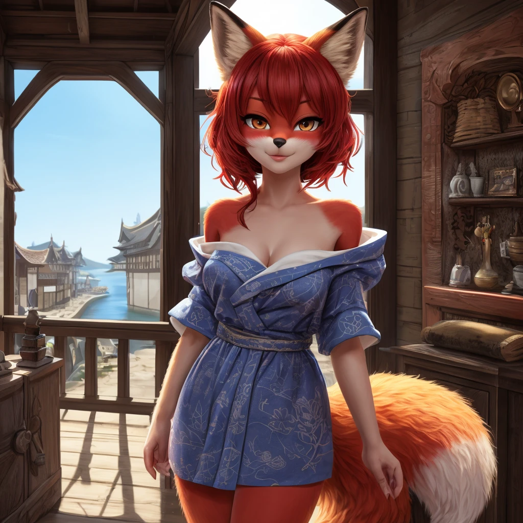 masterpiece, Best quality, A high resolution, extremely detailed, (computer illustration), (((((fluffy))))), ((1 girl in the form of an anthro-female fox girl with fox ears, red body, red fur, yellow fur, fur on the body, red hair and a fox tail)) and detailed face and sparkling detailed eyes, on open air, medieval harbor, Japan, Castle, Coast, morning, (picturesque, depth of field), small parts, authentic, NFV, cowboy shot, medium shot, (One, female focus, One focus), face focus, (she wears a short off-shoulder yukata, curtain at pelvic level and cut off sleeves.), (Looking at the viewer), blushing, confident, A slight smile, parted lips, bursting chest, split, bare legs, barefoot, vertical, standing, (spicy, Target-shading), contour, dynamic lighting, Ton \(style\), fantasy,