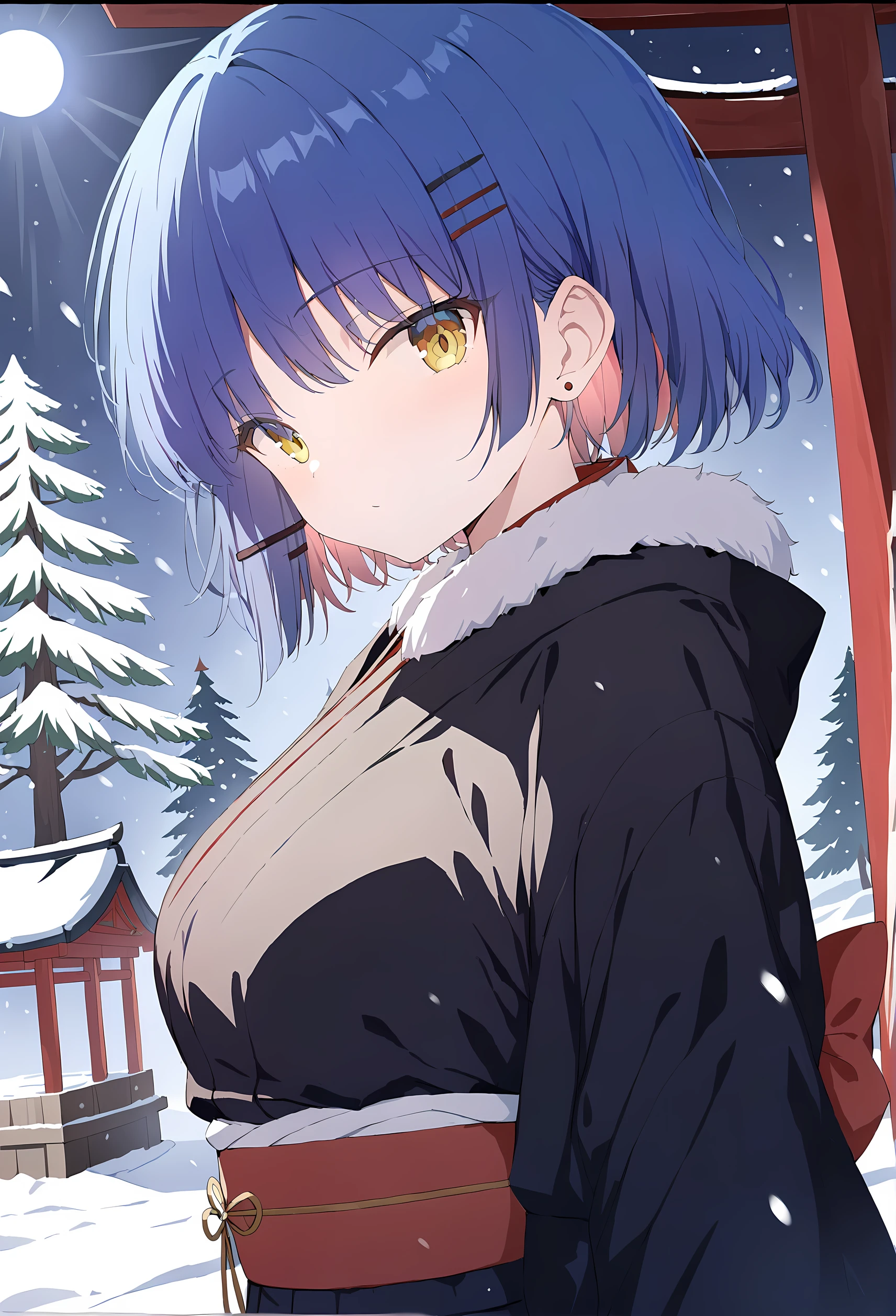 (best quality, highres, masterpiece : 1.4), (flatten art : 0.8), masterpiece, (best quality), 1woman, anime, deep blue hair hair, 2 black hair clip, black pin earring, fair skin, faint yelllow eyes, medium sized breast, no expression, (detailed face), (black furisode, fur, warm, intricate red motif), close-up, snow, snowfall, alluring, dynamic angle, eyes to the viewer, (background: Japanese shrine, some pine tree) 