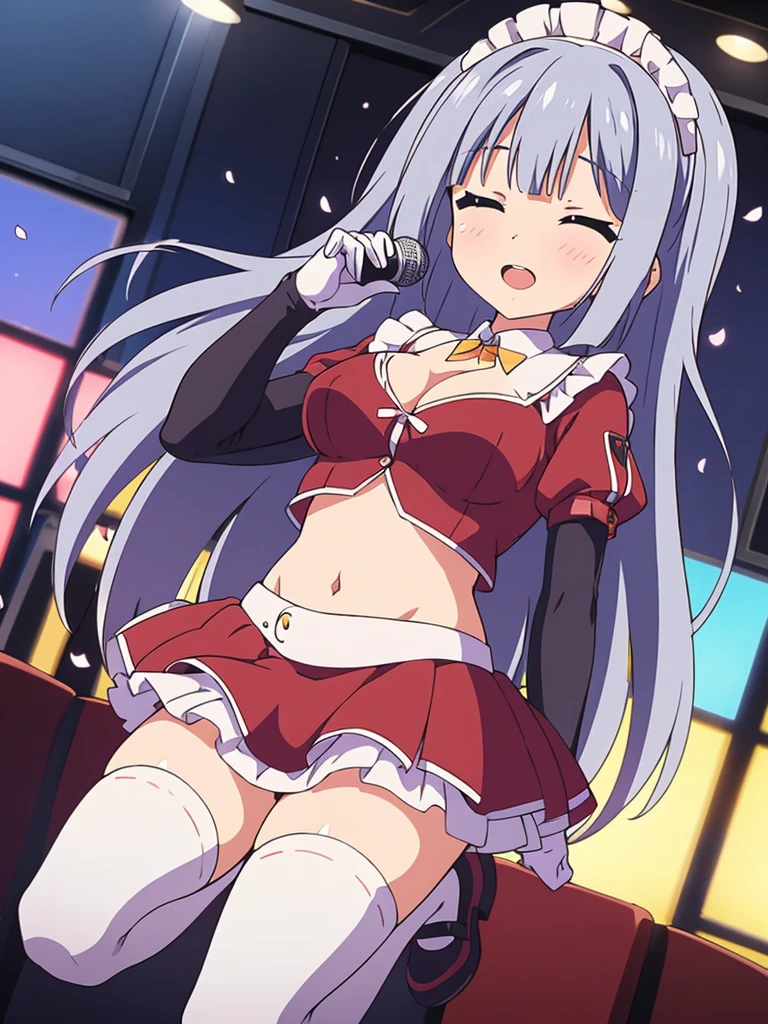 MLTD bg style, (best quality, 8K, masterpiece, HDR, ultra detailed:1.2), cinematic angle, (light particles, sparkle), lens flare, depth of field, bokeh, 
1girl, white gloves, open mouth, microphone, short puffy sleeves, glowstick, smile, petals, maid headdress, frills, blush, solo, stage, white thighhighs, belt, hair bow, hair ribbon, ??????????????, idol, upper teeth only, looking away, aqua bow, frilled skirt, hair ornament, frilled dress, audience, solo focus, concert, zettai ryouiki, spotlight, stage lights, shiny hair, looking afar, buckle, belt buckle, elbow gloves, wing collar, jewelry, petticoat, navel, ???? 