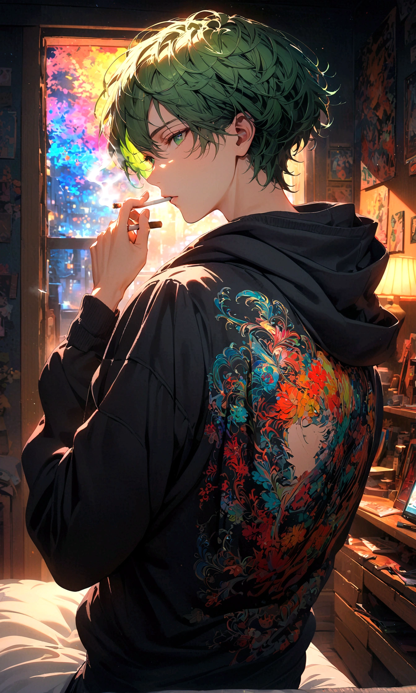 A young man with Green hair, green eyes, a black hoodie stood with his back turned half-face smoking a cigarette in his room at night.