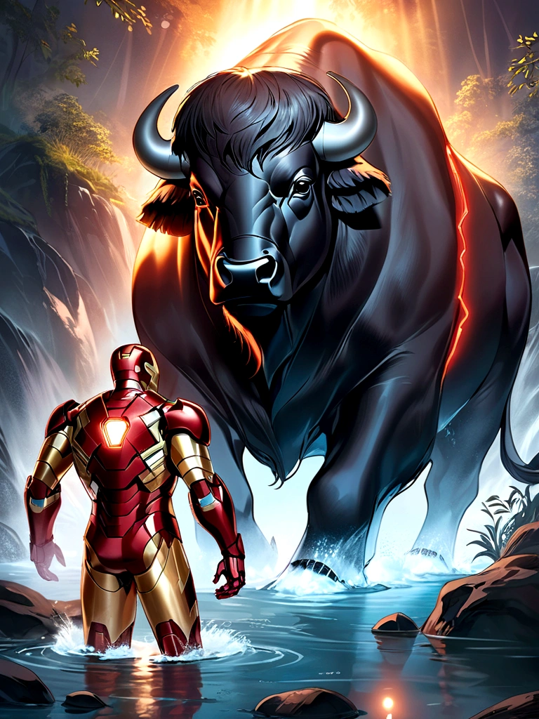 Iron Man .bathes the buffalo in the river