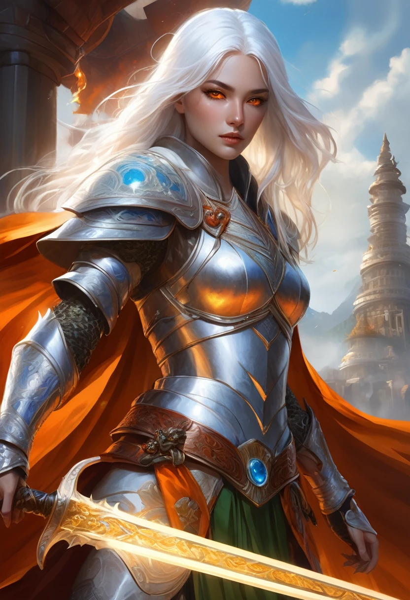 fantasy art, dnd art, RPG art, wide shot, (masterpiece: 1.4) portrait, intense details, highly detailed, photorealistic, best quality, highres, portrait a vedalken female (fantasy art, Masterpiece, best quality: 1.3) ((blue skin: 1.5)), intense details facial details, exquisite beauty, (fantasy art, Masterpiece, best quality) cleric, (blue colored skin: 1.5) 1person blue_skin, blue skinned female, (white hair: 1.3), long hair, intense green eye, fantasy art, Masterpiece, best quality) armed a fiery sword red fire, wearing heavy (white: 1.3) half plate mail armor CM-Beautiful_armor wearing high heeled laced boots, wearing an(orange :1.3) cloak, wearing glowing holy symbol GlowingRunes_yellow, within fantasy temple background, reflection light, high details, best quality, 16k, [ultra detailed], masterpiece, best quality, (extremely detailed), close up, ultra wide shot, photorealistic, RAW, fantasy art, dnd art, fantasy art, realistic art,