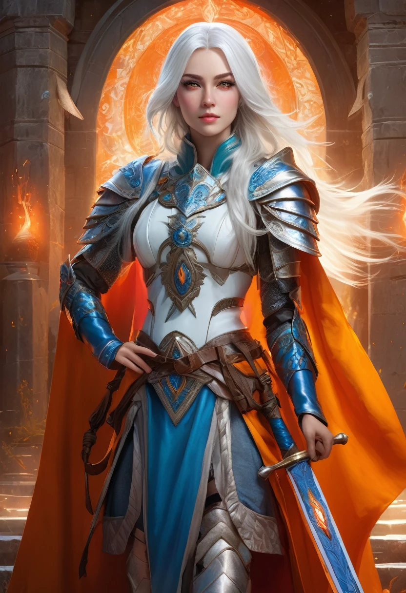 fantasy art, dnd art, RPG art, wide shot, (masterpiece: 1.4) portrait, intense details, highly detailed, photorealistic, best quality, highres, portrait a vedalken female (fantasy art, Masterpiece, best quality: 1.3) ((blue skin: 1.5)), intense details facial details, exquisite beauty, (fantasy art, Masterpiece, best quality) cleric, (blue colored skin: 1.5) 1person blue_skin, blue skinned female, (white hair: 1.3), long hair, intense green eye, fantasy art, Masterpiece, best quality) armed a fiery sword red fire, wearing heavy (white: 1.3) half plate mail armor CM-Beautiful_armor wearing high heeled laced boots, wearing an(orange :1.3) cloak, wearing glowing holy symbol GlowingRunes_yellow, within fantasy temple background, reflection light, high details, best quality, 16k, [ultra detailed], masterpiece, best quality, (extremely detailed), close up, ultra wide shot, photorealistic, RAW, fantasy art, dnd art, fantasy art, realistic art,