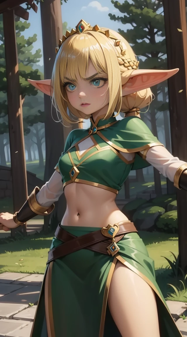 (An elven princess) adolescent, Coraggioso, cruel, hair blonde, in a fighting stance. A disdainful face, cara maligna, green clothing. cyan eyes, a small crown on the head. in front of a forest background