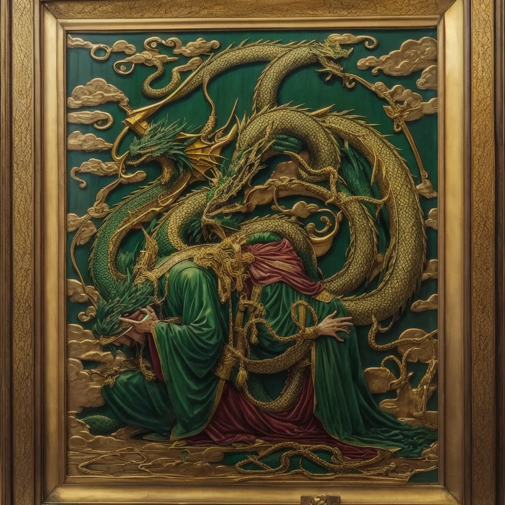 green dragon on his knees praying with a golden cross on his neck