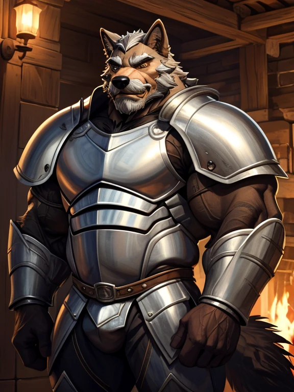 burly virile hairy man, with two wolf ears and a bushy tail, in a suit of armor, middle-aged, hirsute, overmuscular and musclebound, bulging veiny muscles, a warrior's build, a bodybuilder's physique, long bushy and a thick mustache, a square jaw, handsome and dreamy, grey hair, a knight clad in full armor