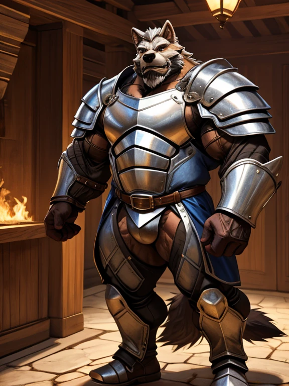 burly virile hairy man, with two wolf ears and a bushy tail, in a suit of armor, middle-aged, hirsute, overmuscular and musclebound, bulging veiny muscles, a warrior's build, a bodybuilder's physique, long bushy and a thick mustache, a square jaw, handsome and dreamy, grey hair, a knight clad in full armor