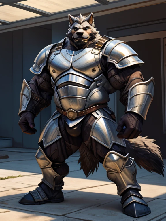 burly virile hairy man, with two wolf ears and a bushy tail, in a suit of armor, middle-aged, hirsute, overmuscular and musclebound, bulging veiny muscles, a warrior's build, a bodybuilder's physique, long bushy and a thick mustache, a square jaw, handsome and dreamy, grey hair, a knight clad in full armor