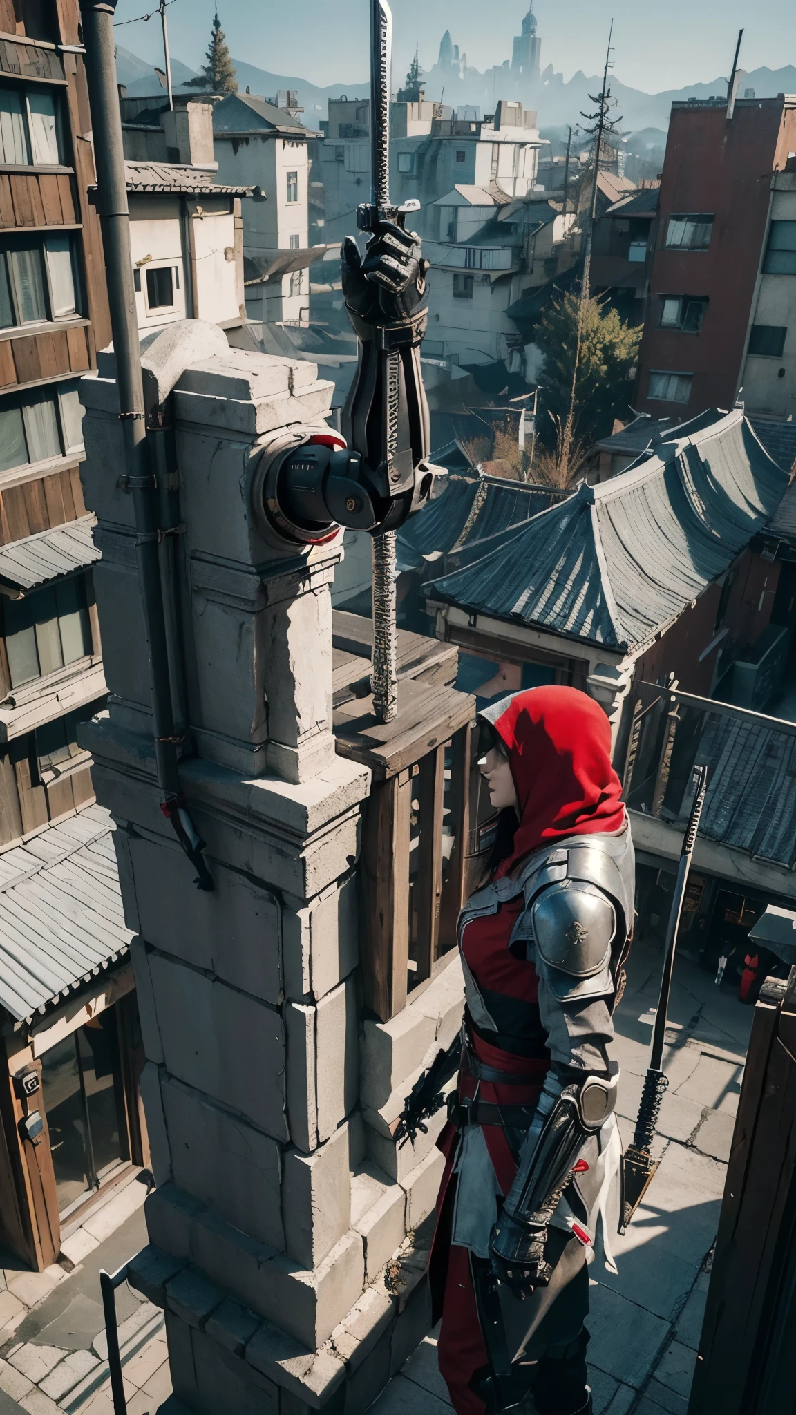 Two Cyberpunk Assassin's Creed Holding a sword, Climb on the rafters on the wall on the restaurant street on a modern street. Robots work everywhere. Modern weapons. Modern red suit. Electronic city. Modern weapons. White suit. Hold the blade.Metal robot arm.
Hold gun.
