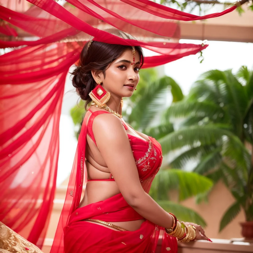 Indian woman on veranda in red backless saree,   dark complexion, sexy, no bra, no blouse 