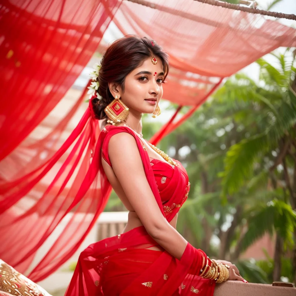 Indian woman on veranda in red backless saree, dark complexion, sexy, no bra, no blouse