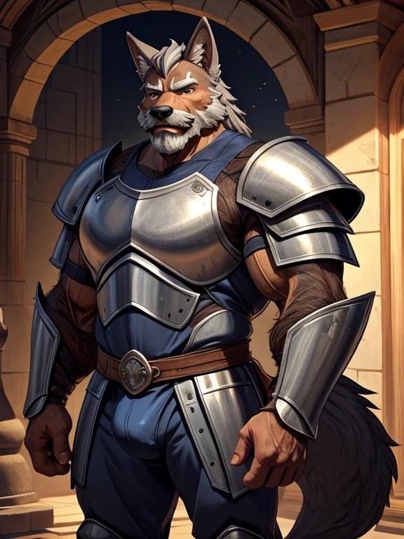 burly virile hairy man, with two wolf ears and a bushy tail, in a suit of armor, middle-aged, hirsute, overmuscular and musclebound, bulging veiny muscles, a warrior's build, a bodybuilder's physique, long bushy and a thick mustache, a square jaw, handsome and dreamy, grey hair, a knight clad in full armor