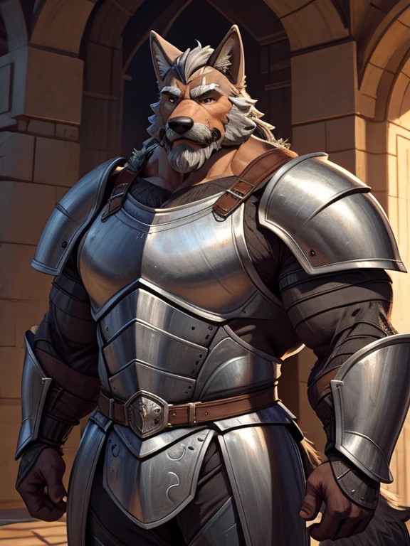 burly virile hairy man, with two wolf ears and a bushy tail, in a suit of armor, middle-aged, hirsute, overmuscular and musclebound, bulging veiny muscles, a warrior's build, a bodybuilder's physique, long bushy and a thick mustache, a square jaw, handsome and dreamy, grey hair, a knight clad in full armor