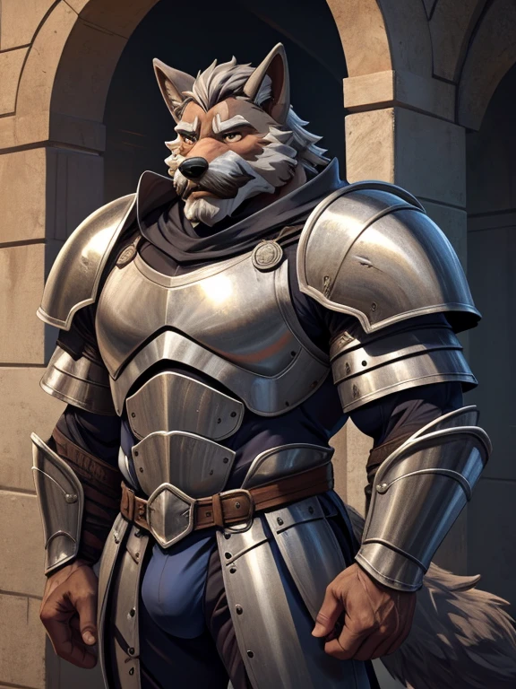 burly virile hairy man, with two wolf ears and a bushy tail, in a suit of armor, middle-aged, hirsute, overmuscular and musclebound, bulging veiny muscles, a warrior's build, a bodybuilder's physique, long bushy and a thick mustache, a square jaw, handsome and dreamy, grey hair, a knight clad in full armor