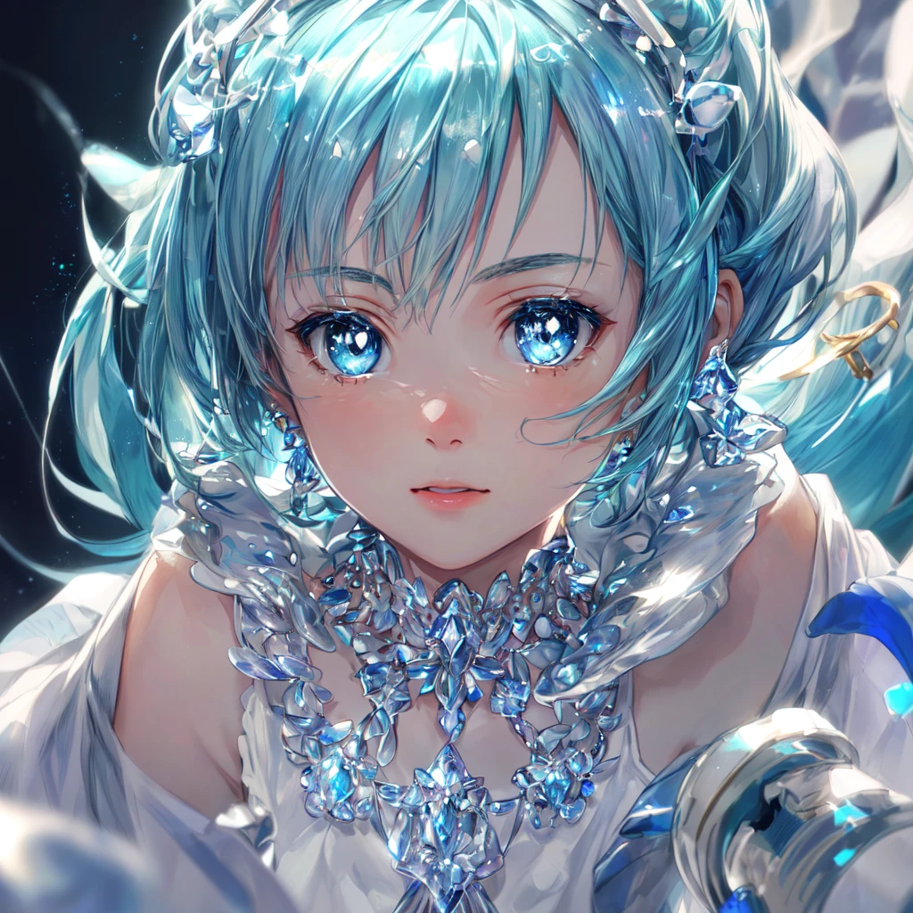 masterpiece, best quality, illustration, sax blue, platinum earrings, platinum necklace, white dress, 1girl, cute, (dynamic lighting:1.2), cinematic lighting, delicate facial features, detailed eyes, sharp pupils, realistic pupils, depth of field, bokeh, sharp focus, (hyper-detailed, bloom, glow:1.4), many small gems, hatsune miku